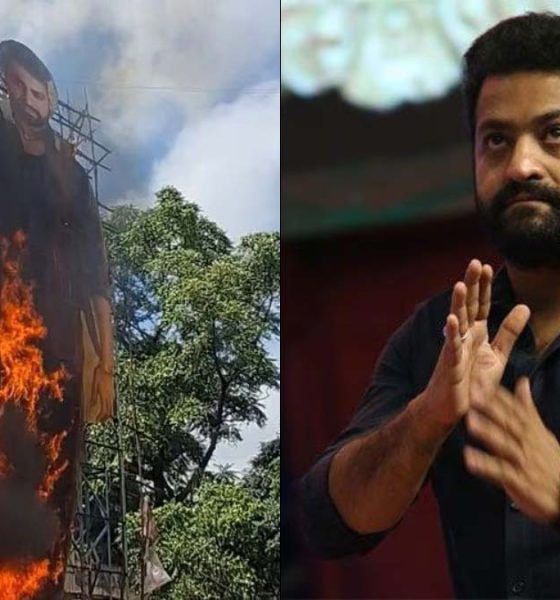 Jr NTR's Cut-Out Set On Fire By Unruly Fans Outside Hyderabad Theatre During Devara Screening