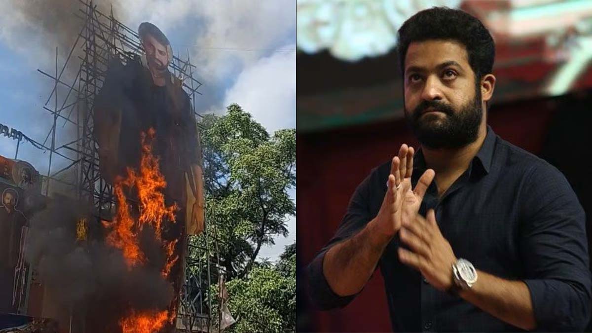 Jr NTR's Cut-Out Set On Fire By Unruly Fans Outside Hyderabad Theatre During Devara Screening